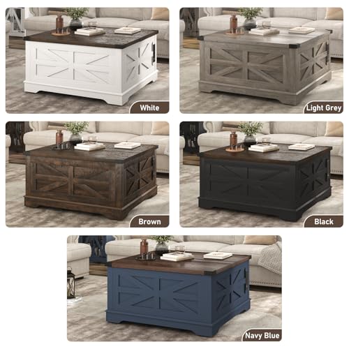 Hlivelood 36" Farmhouse Movable Lift Top Coffee Table with Storage and Power Outlets, Square Wood Living Room Tables with Wheels&Large Hidden Space, Lift Wooden Barn Door Center Table, Brown - color: Brown