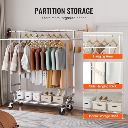 VEVOR Clothes Rack, Rolling Clothing Garment Rack, Extendable Carbon Steel Clothing Racks with Wheels for Bedroom, Laundry, Living Room - style: 2Rod,21.5"D x 75.4"W x 73.5"H