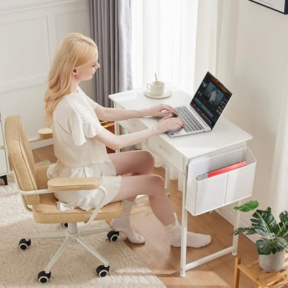 DUMOS 32" Home Office Computer Desk with Drawers, Small Gaming Writing Study Table with Storage Side Bag, Headphone Hook and Adjustable Feet for Bedroom White | Small Writing Desk for Home Office with Headphone Hook, Compact Study Table for Bedroom - colo