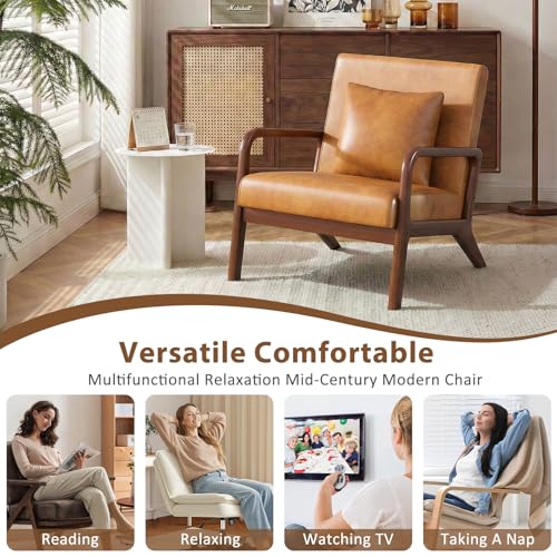 Mid Century Accent Chair with Solid Oak Frame & Faux Leather, Brown | Upholstered Lumbar Pillow Lounge Chair Brown Faux Leather Cozy Leisure Chair Retro Living Room Chair for Bedroom Waiting Room - color: Walnut Wood - Pu Brown, style: 1 PCS