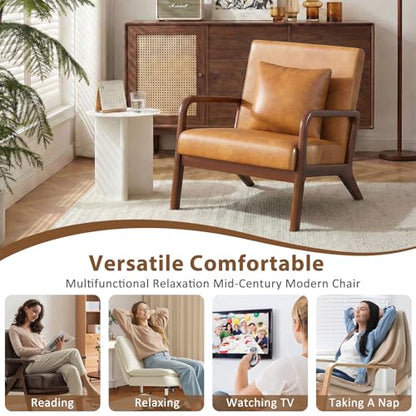 Mid Century Accent Chair with Solid Oak Frame & Faux Leather, Brown | Upholstered Lumbar Pillow Lounge Chair Brown Faux Leather Cozy Leisure Chair Retro Living Room Chair for Bedroom Waiting Room - color: Walnut Wood - Pu Brown, style: 1 PCS