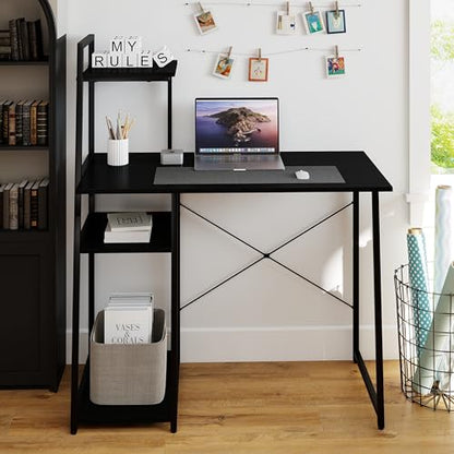 Tangkula Computer Desk with Shelves, Space Saving Home Office Desk with 3-Tier Ladder Shaped Storage Bookshelf, Modern Writing Study Desk with Metal Frame, Compact Computer Workstation (Black) - color: Black