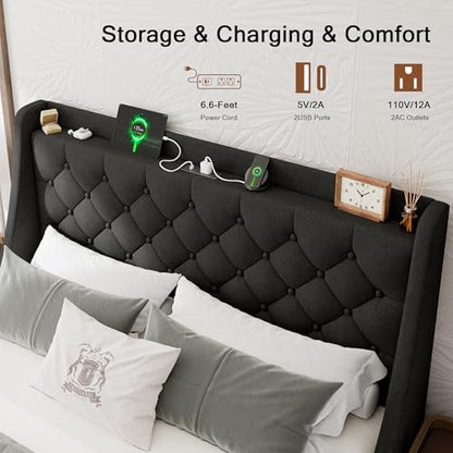 Einhomn Queen Bed Frame with 4 Storage Drawers, Upholstered Modern Bed Frame with Wingback Headboard, Charging Station, No Box Spring Needed, Easy Assembly, Black - color: Black, size: Queen