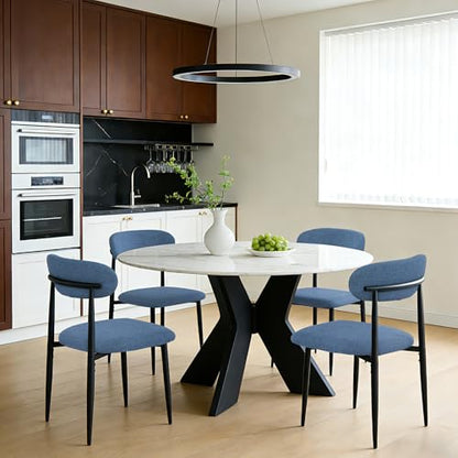 FREKEN Modern Upholstered Dining Chairs Set of 4, Mid-Century Metal Frame Linen Fabric Side Chair for Kitchen Dining Room, 350lbs Capacity, Blue - color: Blue - Black Legs, size: Set of 4