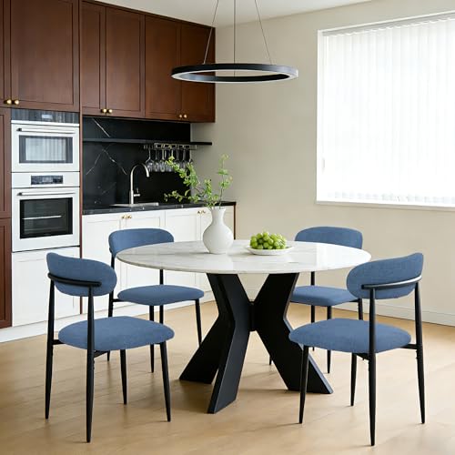 FREKEN Modern Upholstered Dining Chairs Set of 2, Mid-Century Metal Frame Linen Fabric Side Chair for Kitchen Dining Room, 350lbs Capacity, Blue - color: Blue - Black Legs, size: Set of 2