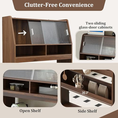 Wood Buffet Cabinet with Folding Dining Table, Craft Cabinet with Fold Out Table and Storage Shelf, Hooks, Multifunctional Cupboard for Small Places,Studio, Apartment (Walnut) - color: Walnut