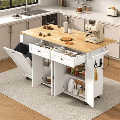 67" Large Movable Kitchen Island w/Sliding Drop Leaf,Power Outlet, Kitchen Rolling Island Cart w/ 2 Drawers, Island Table on Wheels w/ Trash Storage Cabinet,Spice Rack, Towel Bar,Garage Hook, White - color: White, size: 17.7"D x 66.9"W x 35.8"H