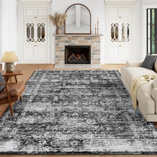 8x10 Black Washable Area Rugs for Living Room, Neutral Boho Carpet | Low Pile Carpet with Non-slip Gripper Pads,Waterproof,Soft,Indoor,Modern Abstract Style,Suitable for Bathroom,Bedroom,Kitchen - color: Black, size: 8' X 10' (Rectangular)
