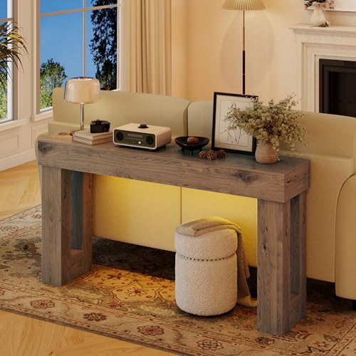 Apicizon 63" Long Console Table for Entryway with LED Light, Farmhouse Wooden Sofa Table Behind Couch, Narrow Entry Way Table for Living Room, Hallway, Entrance, Foyer, Brown - color: Light Brown