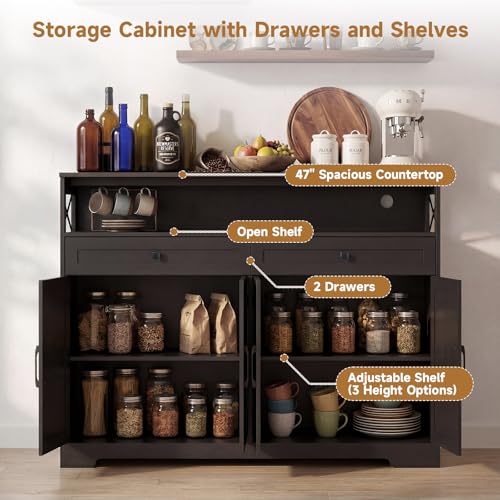 Lahomie 47" Sideboard Buffet Storage Cabinet, Coffee Bar Cabinet,Dark Brown | Coffee Bar Station with Power Outlet, Farmhouse Sideboard with 2 Drawers Adjustable Shelves Open Shelf, Kitchen, Living Room - color: Dark Brown, size: 47"W