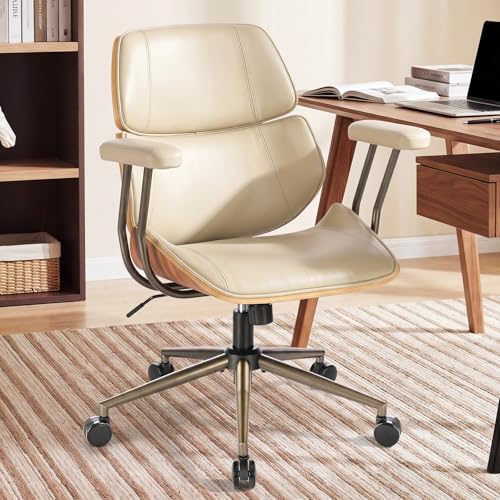 Mid Century Walnut Bentwood PU Leather Office Chair with Arms, Beige | Curved walnut bentwood back & seat; removable armrests; PU leather upholstery; swivel & rolling; for home office & study - color: Beige, size: 2-Section Back / No Headrest