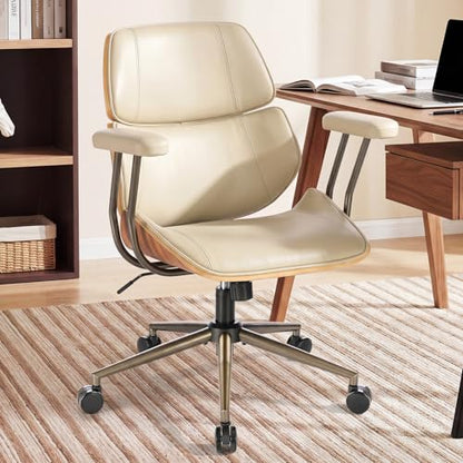 Mid Century Walnut Bentwood PU Leather Office Chair with Arms, Beige | Curved walnut bentwood back & seat; removable armrests; PU leather upholstery; swivel & rolling; for home office & study - color: Beige, size: 2-Section Back / No Headrest