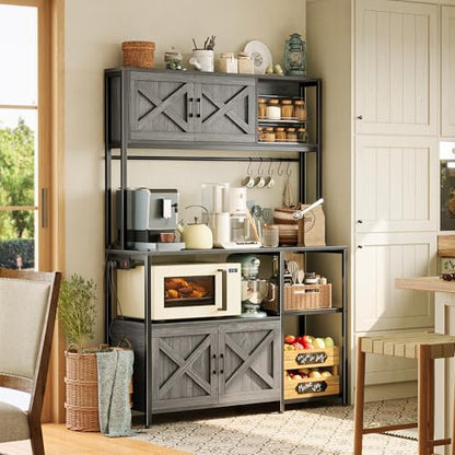 Huuger Large Bakers Rack with Power Outlet, Kitchen Microwave Stand with Cabinets, Coffee Bar Table Station with Storage, 6 S-Shaped Hooks, Mesh Shelves, 45 Inch Wooden Top, Grey - color: Charcoal Grey