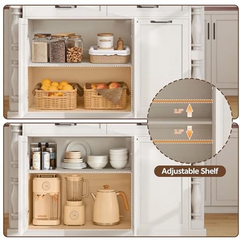 Kitchen Island with Drop Leaf, 47.6" Kitchen Island with Storage | with Power Outlet & Trash Bin Rolling Kitchen Cart with Spice Rack Island Table for Kitchen Breakfast Home Bar, Antique White