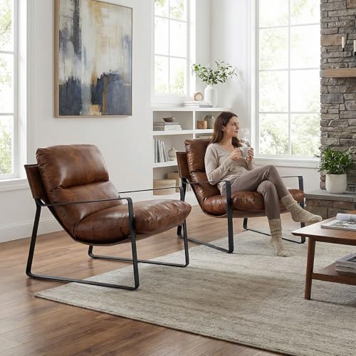 LukeAlon Modern PU Leather Accent Armchair, Black | Pu Leather Upholstered Living Room Chair With Metal Base & Thickened Cushion, Comfy Single Lounge Sofa for Bedroom, Office - color: Brown