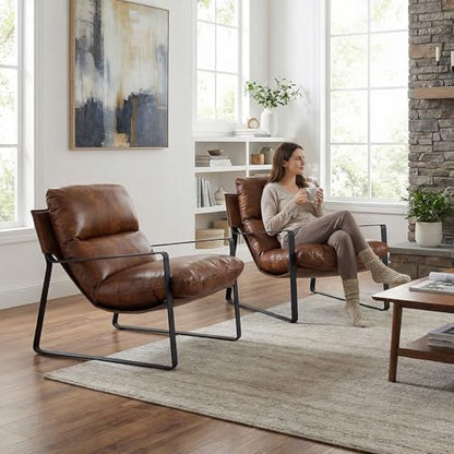 LukeAlon Modern PU Leather Accent Armchair, Black | Pu Leather Upholstered Living Room Chair With Metal Base & Thickened Cushion, Comfy Single Lounge Sofa for Bedroom, Office - color: Brown