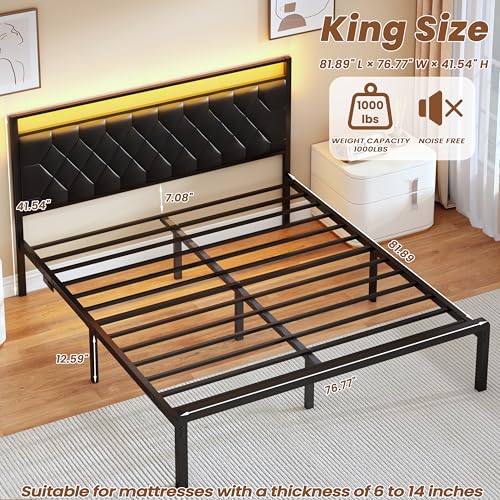 King Size Bed Frame with Charging Station, LED Light and PU Leather Upholstered Headboard, Platform Bed Frame with Under-Bed Storage, Easy Assembly, Noise Free, No Box Spring Needed, Black - size: King (U.S. Standard)