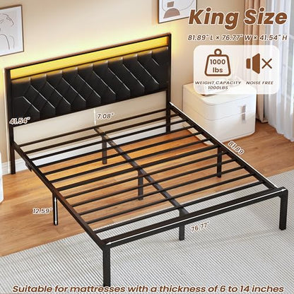 King Size Bed Frame with Charging Station, LED Light and PU Leather Upholstered Headboard, Platform Bed Frame with Under-Bed Storage, Easy Assembly, Noise Free, No Box Spring Needed, Black - size: King (U.S. Standard)