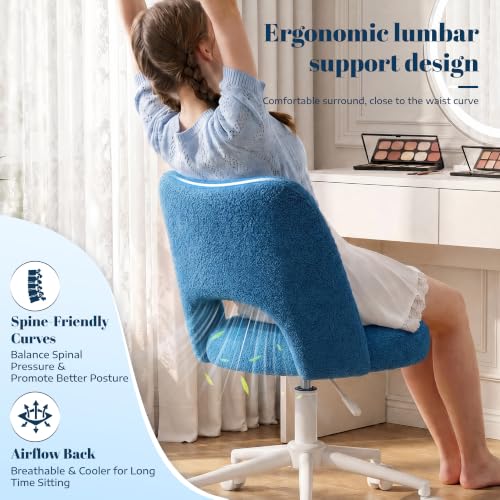 DurayLoly Vanity Chair with Wheels,Soft Teddy Fabric 6" Thick Cushion, Height Adjustable 17.5"–21.5", Open Back, 360° Swivel for Vanity Table, Home Office Dark Blue - color: Dark Blue