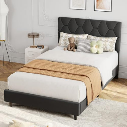 GAOMON Grey Twin Bed Frame with Upholstered Headboard, Heavy-Duty Platform Bed Frame with Strong Wood Slats, No Box Spring Needed/Noise Free/Easy Assembly - color: Grey, size: Twin