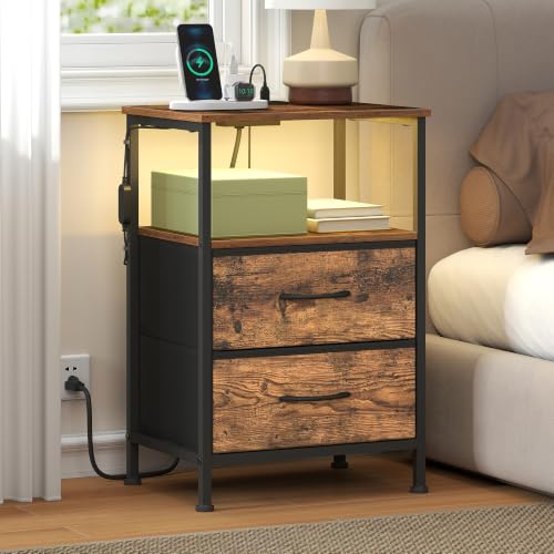 SONGMICS BELLAH Collection - Nightstand with Charging Station and App-Controlled Adjustable LED Lights, Bed Side Table, 2 Drawers and 1 Open Shelf, Industrial, Rustic Brown and Ink Black ULGS302KD01S - color: Rustic Brown + Ink Black, size: 2 Drawers