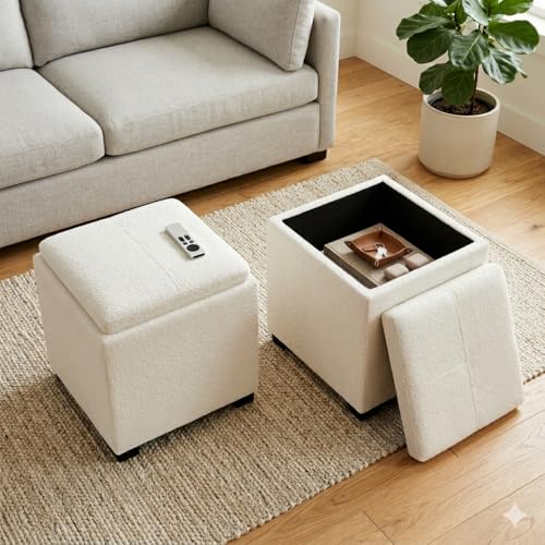 SIMPLIHOME Shay 34" Wide Vegan Leather Storage Ottoman in Chestnut Brown | Contemporary ottoman with flip-over tray top and hidden storage; cube storage bench for living room or bedroom. - color: Ivory Boucle