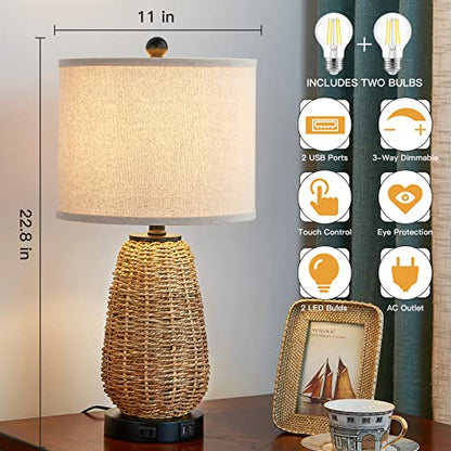 CINSARY Touch Control Rattan Table Lamp, 3 Way Dimmable Bedside Lamp for Bedroom with 2 USB Ports and AC Outlet, Nightstand Lamps for Living Room(LED Bulbs Included), Grass-1PK - color: Grass-1PK