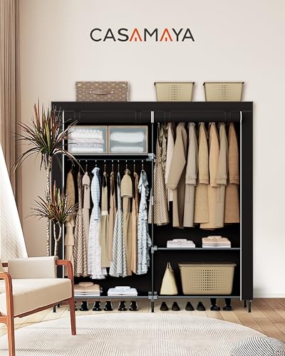 CASAMAYA Portable Closet, 61.8 Inch Large Capacity Wardrobe Closet with Cover, Clothes Storage Organizer with Shelves and 2 Hanging Rods, Easy to Assembly, Black PCT222B01 - size: 61.8"L x 17.7"W x 70.9"H