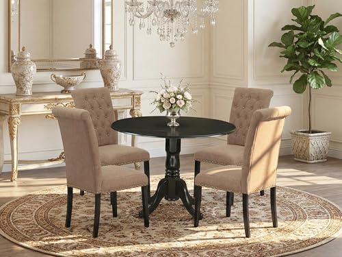 East West Furniture DLBR5-BLK-17 5 Piece Kitchen Table & Chairs Set Includes a Round Dining Room Table with Dropleaf and 4 Light Sable Linen Fabric Parsons Chairs, 42x42 Inch, Black - color: Dlbr5-blk-17
