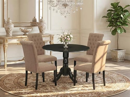 East West Furniture DLBR5-BLK-17 5 Piece Kitchen Table & Chairs Set Includes a Round Dining Room Table with Dropleaf and 4 Light Sable Linen Fabric Parsons Chairs, 42x42 Inch, Black - color: Dlbr5-blk-17