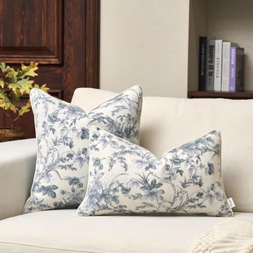 Vintage Floral Pillow Cover 18 x18 Inches, Nature Chenille Square Throw Pillow Cover Soft Luxury Neutral Accent Couch Pillow Cover for Living Room Bedroom, Blue - color: Gray Blue, size: 18" x 18" (Pack of 1)