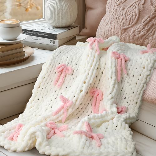 Pink Bow Chunky Knit Blanket Throw Large 50" X 60" 100% Handmade Cream Chenille Loop Yarn Fluffy Soft Knitted Throw Big Cozy Thick Cable Knit Crochet Blanket for Couch Sofa Bed