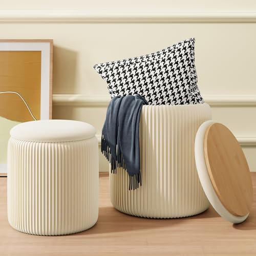 Beige Ottoman with Storage Set of 2, Upholstered Velvet Vanity Stool, Comfy Round Makeup Vanity Stools, Large Storage Ottoman Foot Rest, Pouf Seat for Living Room/Bedroom - color: Beige