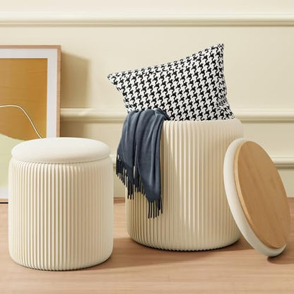 Beige Ottoman with Storage Set of 2, Upholstered Velvet Vanity Stool, Comfy Round Makeup Vanity Stools, Large Storage Ottoman Foot Rest, Pouf Seat for Living Room/Bedroom - color: Beige