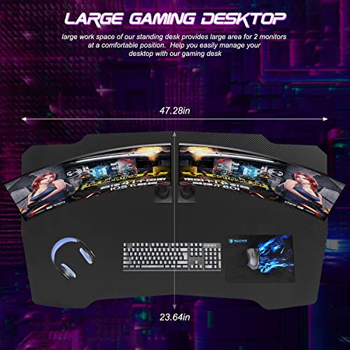 BestOffice | 47" Gaming Table | Red | Z-Shaped Computer Desk | with Steel Frame, Headphone Hook, Adjustable Feet | Carbon Fiber Texture| Easy to Clean | for Gaming, Home Office - color: Red, size: 47 Inch Z Shaped