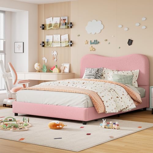 GarveeHome Full Size Bed Frame with Boucle Fabric, Pink | Upholstered Headboard, Low Profile, Sturdy Platform Bed, Rounded Corners Design, Noise Free, No Box Spring Needed - color: Pink, size: Full