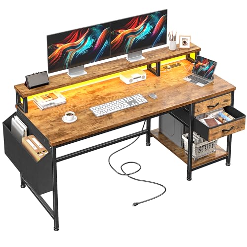 DurayLoly 48" Gaming Desk with RGB Lights & Power Outlets for Teens | Wireless Remote Full-Color Strip,Various Lighting Modes,Level Up Teens Gaming Vibe or Study for Protect Eyes In Bedroom,Brown - color: Brown, size: 48"W*20"D*35.5"H