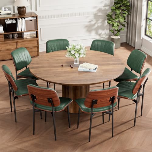 Dining Chairs Set of 2, Mid-Century Modern Upholstered PU Leather Chairs | with Walnut Bentwood Back and Metal Legs Adjustable Feet for Kitchen Dining Room, Dark Green Shell Strips - color: Dark Green Shell Strips