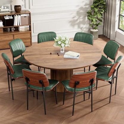 Dining Chairs Set of 2, Mid-Century Modern Upholstered PU Leather Chairs | with Walnut Bentwood Back and Metal Legs Adjustable Feet for Kitchen Dining Room, Dark Green Shell Strips - color: Dark Green Shell Strips