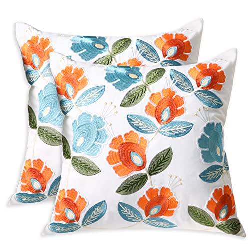 Set of 2 Embroidered Decorative Throw Pillow Covers Couch Square Pillowcases Cushion for Bedroom Sofa Farmhouse Decor 18x18 Inch (Flower) - color: Flower