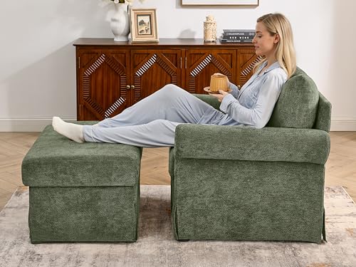 Eafurn Modern Chenille Accent Chair with Ottoman for Small Space, Comfy Upholstered Reading Chairs Lounge Armchair with Foot Rest, Sturdy Solid Wood Frame for Living Room - color: Green 37.5"