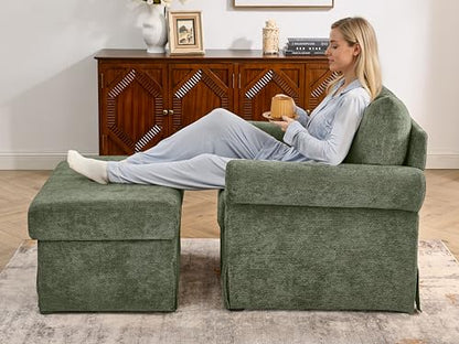 Eafurn Modern Chenille Accent Chair with Ottoman for Small Space, Comfy Upholstered Reading Chairs Lounge Armchair with Foot Rest, Sturdy Solid Wood Frame for Living Room - color: Green 37.5"