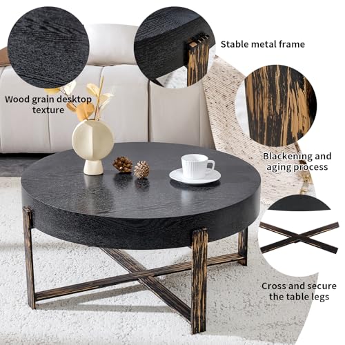 Round Coffee Table, Mid Century Small Coffee Table with Metal Legs, Wood Coffee Table Accent Center Table for Living Room Apartment Small Space (31.5''D-Black) - color: X Black