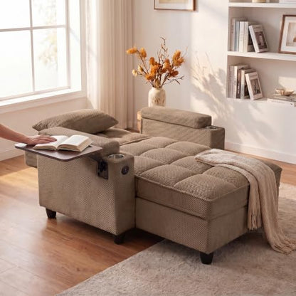 Convertible Sleeper Chair, Pull Out Sofa Bed with Adjustable Backrest & Hidden Storage Armrest, Single Sofa Recliner with USB Charging Port & Cup Holders for Living Room, Bedroom, Coffee - color: C-coffee-l2
