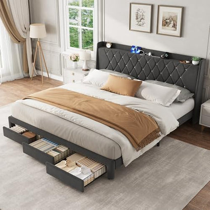 Garvee King Size Bed Frame with Storage, Velvet Upholstered Platform Bed Frame with Crystal Tufted Headboard, Charging Station, 3 Drawers, No Box Spring Needed, Noise-Free,for Bedroom, Dark Gray | Velvet Upholstered Platform Bed Frame with Crystal Tufted