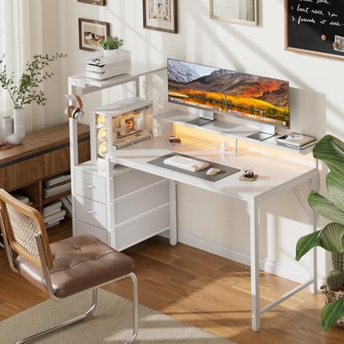 HLDIRECT 60 Inch Gaming Desk with Power Outlets & LED Lights, White | Reversible gaming computer desk with built-in monitor stand, 3 fabric drawers & 4 side hooks, 2 AC outlets & 3 USB ports - color: White, size: 60 inch