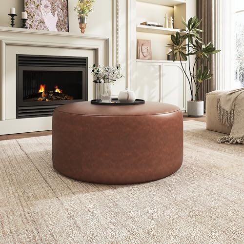 Christopher Knight Home GAVI 30" Ottoman Foot Stool, Faux Leather Pouf Footstool Ottoman Seat, Upholstered Foot Chair, Round Footrest, Modern Side Table for Living Room Bedroom Home Decor, Brown - color: Brown, Faux Leather