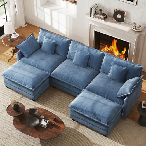 111.4" Modular Sectional Sofa, U Shape Cloud Couch with 2 Movable Ottoman, Comfy Chenille Deep Seat Sofa with Soft Pillows for Living Room Bedroom Apartment (Blue) - color: Blue, size: 111.4" U Sofa