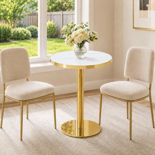 TesNus 23.6" Tulip Dining Table for 2, Small Round Tulip Table, Faux Marble Top with Gold Metal Pedestal Base, Modern Leisure Dining Table for Small Spaces, Cafe, Office, White&Gold - color: White Top&gold Base
