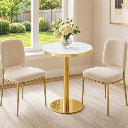 TesNus 23.6" Tulip Dining Table for 2, Small Round Tulip Table, Faux Marble Top with Gold Metal Pedestal Base, Modern Leisure Dining Table for Small Spaces, Cafe, Office, White&Gold - color: White Top&gold Base